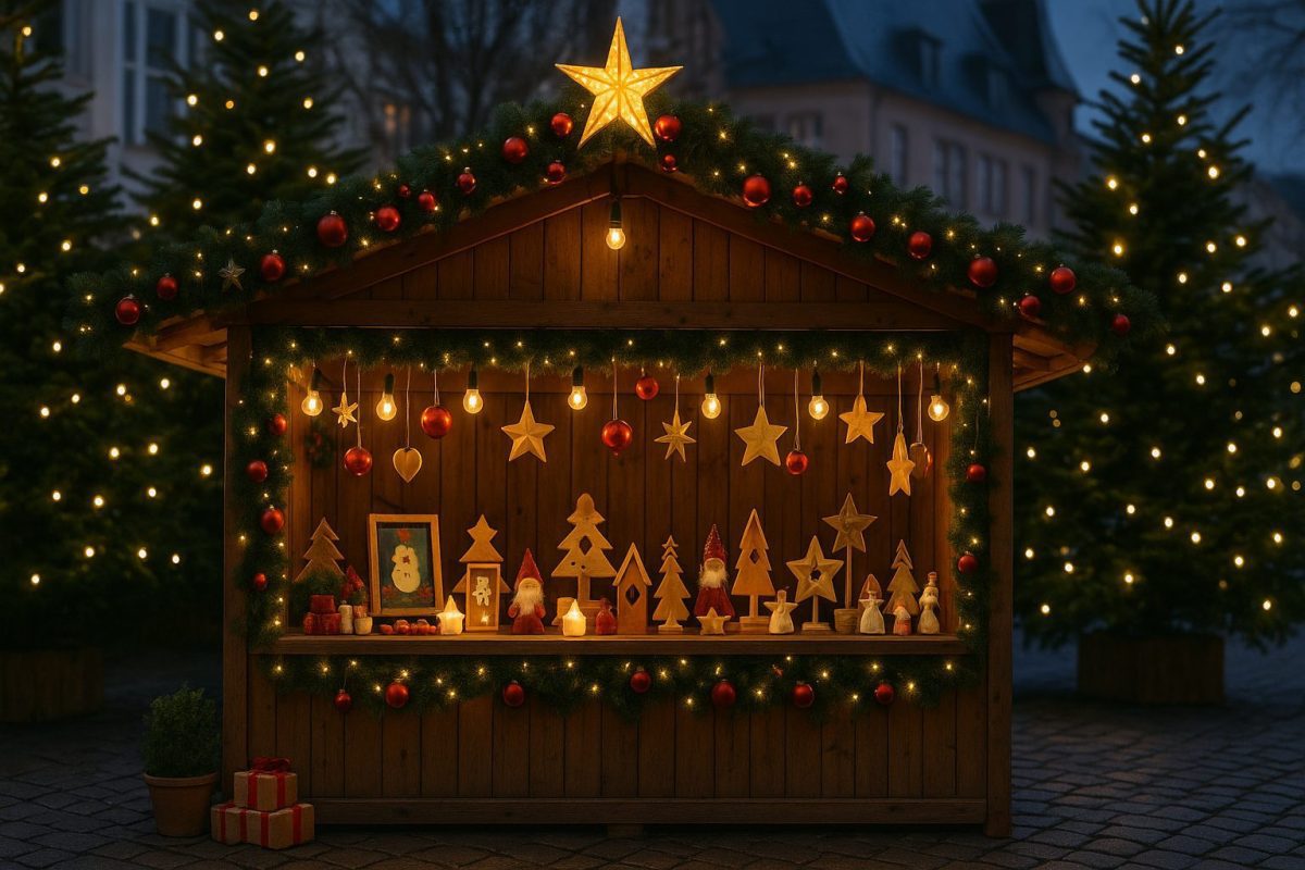 Chalet en bois décoré pour un marché de Noël, illuminé par des guirlandes et rempli d’ornements et figurines artisanales.