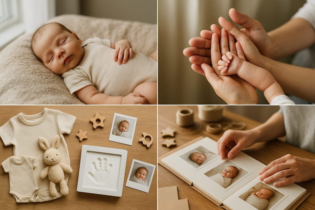 Bébé endormi sur une couverture douce, mains de la famille réunies, objets souvenirs de naissance et album photo en cours de création.