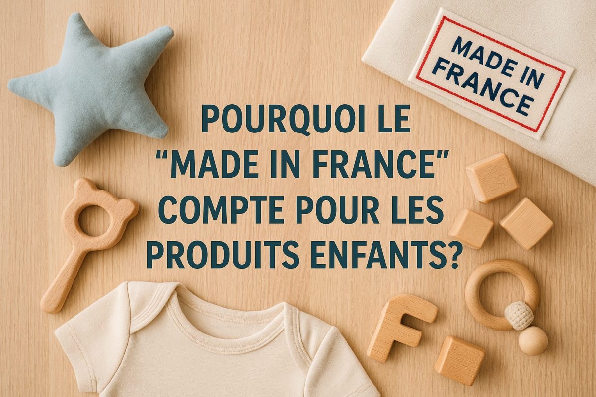 Produits pour bébé en matériaux naturels disposés autour d’un badge « Made in France » sur fond en bois clair.